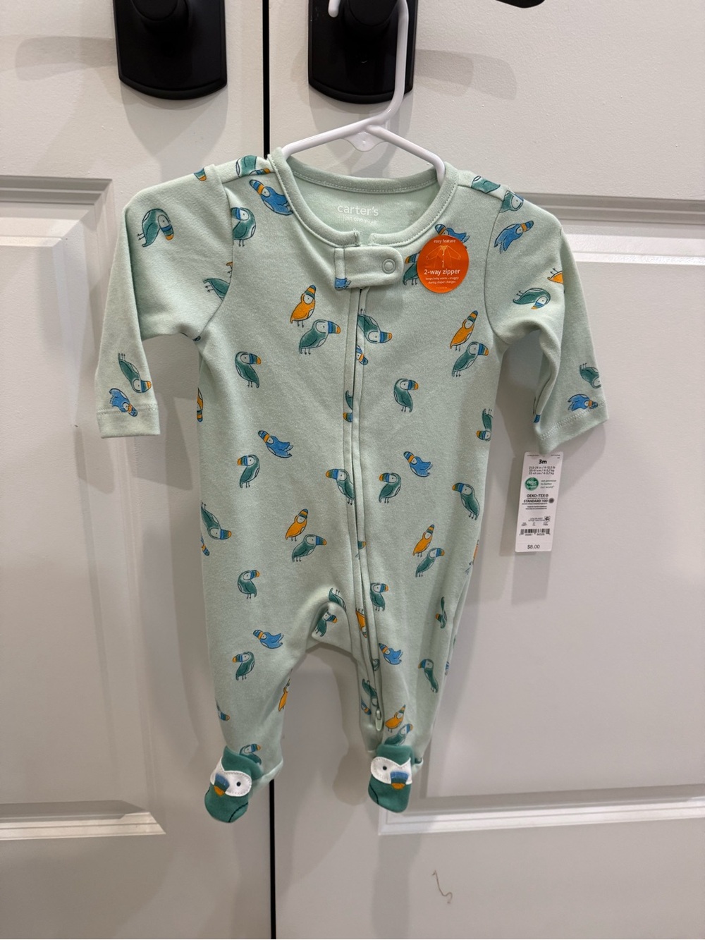 NWT Carter's Mint Green Parrot-Print Footie Pajama